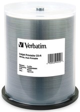 100-Pak VERBATIM White Inkjet Hub Printable 52X 80-Minute CDR's, Verbatim 95252 picture