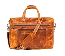 Vintage Tan Leather Laptop Bag Briefcase Shoulder Messenger Work Office picture