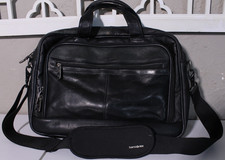 Samsonite Black Leather Briefcase Laptop Business Bag Expandable Black 16x13x4 picture