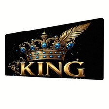 A Large Black Desk Mat Featuring a Golden Crown And The Word 'KING', Adorned w picture
