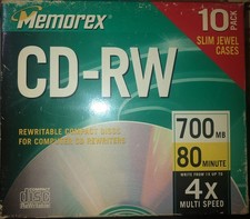 10 PK - Memorex CD-RW 4X  80 Min 700 Mb Rewritable CD in Slim Jewel Case SEALED picture