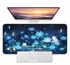 Blue Lotus Cat Desk Mat Kawaii Night Flower Mouse Pad Large Desk Pad picture