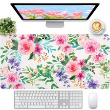 Large Pink Floral Leather Desk Pad Waterproof Keyboard Mat 31.5x15.7 Inch picture