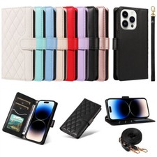 Luxury Flip Strap Grid Leather Wallet Cover Case for 16 15 14 13 12 11 Pro Max picture