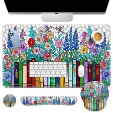 Keyboard Mouse Pad Set, 4 in 1 Desk Mat Set, Floral Bookshelf picture