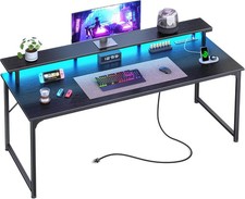 Home Office 55 inch Computer Gaming Desk LED & Power Outlets Monitor Stand Black picture