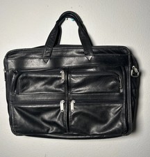 Delsey Black leather Travel Laptop Bag Multiple Compartments Silver Zippers  picture
