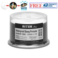 50 Ritek Pro DVD-R 16X 4.7GB Water Resistant Glossy White Inkjet Printable Disc picture