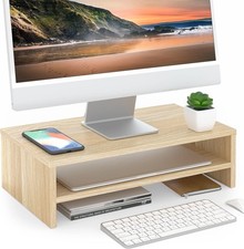 Wooden Monitor Stand Riser, 2-Tier Desk Organizer Shelf, Oak Finish, Space Saver picture