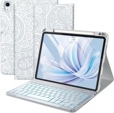 ✨iPad Air 11 M4 M3 M2 Keyboard Case Backlit Bluetooth, White/Grayish-Blue Boho picture