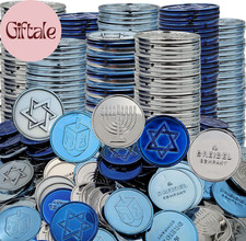 50 Hanukkah Play Gelt Coins Blue and Silver Mettalic Menorah Dreidel and Star of picture