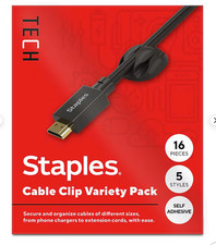 Staples TECH Cable Clips, Black, 16-Pack, Cord Organizer for Desk picture