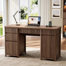 Executive Desk 55 Fluted Walnut Wood Computer Charging Station OneBlis Drawers picture