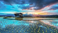 Landscape rice fields mountains hut sunset terrace Custom Gaming Mat Desk picture
