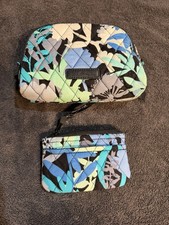 Vera Bradley CAMOFLORAL Blue White Green 7”x5” & 5”x3” Makeup Padded Cases picture