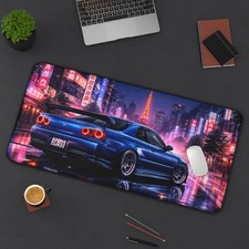 Neon City Skyline Sports Car Desk Mat | Retro Night Racing picture