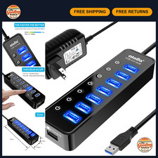 8-Port USB 3.0 Hub Splitter with Smart Charging, Individual Switches & Power Ada picture