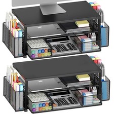 Black 2-Tier Metal Monitor Stand Desk Organizer Drawer 2 Pen Holders 2-Pack picture