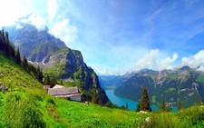 Landscape nature mountains forest lake grass cottage Custom Gaming Mat Desk picture