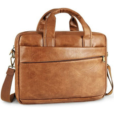 Brown PU Leather Laptop Briefcase, Water Resistant, Adjustable Strap, 16-16.5