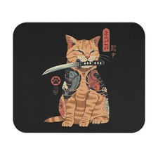 Samurai Cat Black Mouse Pad - Japanese Art Desk Accessory, Gift for Cat Lovers picture