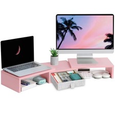 Adjustable Pink Dual Monitor Stand Riser with Drawer - 37