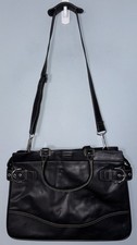 Franklin Covey Black Leather Business Laptop Tote Bag Purple Lining Buckles picture