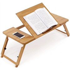 Bamboo Laptop Desk for Bed, Foldable Tilting Top & Side Shelf, Adjustable Height picture