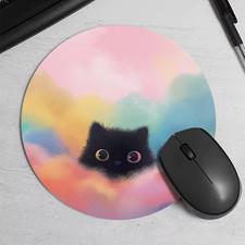 Cute Black Cat Mouse Pad Round Non Slip Rubber Desk Mat Gaming Office Computer  picture