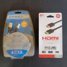 NEW 6ft Home Office Cable Bundle - GE 4K HDMI Cable & Dynex USB Printer Cable picture