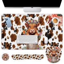 Highland Cow Flower Desk Mat Leaves Cartoon Print Mouse Pad Set 4 in 1 Ergono... picture
