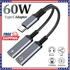 USB C 2 in 1 Splitter Adapter Type C to Dual USB-C Audio Jack + PD 60W Fast Char picture