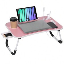 Pink Wood Foldable Laptop Bed Desk Table USB Port Cup Holder Storage Drawer picture
