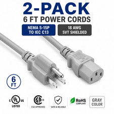 2-Pack 6ft NEMA 5-15P to IEC C13 Power Cord Gray 18AWG SVT Shielded UL CSA picture