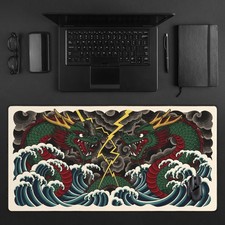 Japanese Dragon Deskmat | XL Mythical Serpent Mouse Pad Lightning & Waves Design picture