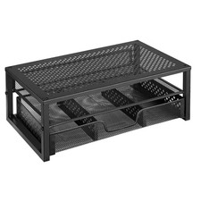 Black Metal Computer Desk Organizer, Durable Monitor Stand Riser with Drawer for picture