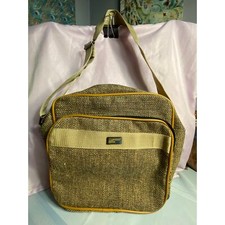 London Fog Shoulder Laptop Bag Carrier Case Black Tan Tweed Vinyl Lined EUC picture
