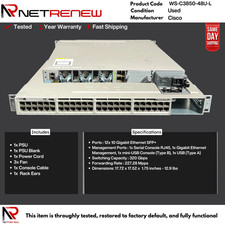 Cisco WS-C3850-48U-L 48-Port PoE+ Switch IP Base Managed w/C3850-NM-4-1G picture