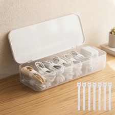 Cable Organizer Storage Box with Lid, 7 Wire Ties, White | Adjustable Divider... picture