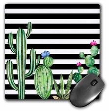 3dRose Black and White Stripes Watercolor Flowering Cactus MousePad picture