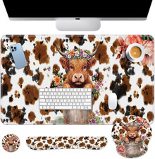 Highland Cow Flower Desk Mat Leaves Cartoon Print Mouse Pad Set 4 in 1 Ergonomic picture