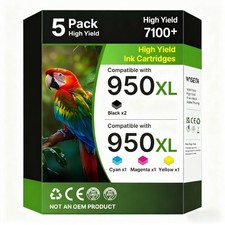 Wiseta 950XL 951XL Ink Cartridges 5-Pack 2 Black Cyan Magenta Yellow for HP picture