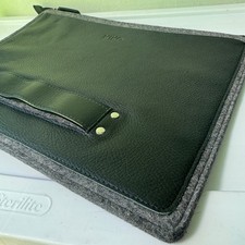 KIKO Black Leather Grey Wool Felt Laptop Sleeve Document Clutch 14x10 Handstrap picture