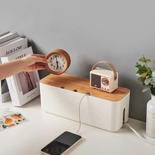 Bamboo Cable Management Box Cover Hide Wires Power Strip Desk Organizer picture