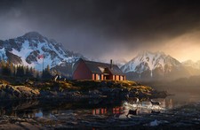 Landscape norway europe art mountains snow lake house Custom Gaming Mat Desk picture