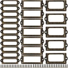 Office Library File Drawer Cabinet Card Tag Label Holder Metal Frame, Antique picture
