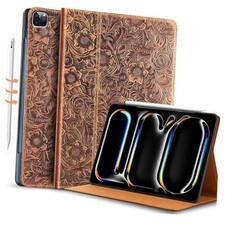  Genuine Leather Case for iPad Pro 13 iPad Pro 13 Inch M4 2024 Flower Brown picture