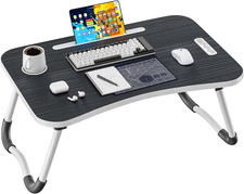 Folding Lap Desk 23.6 Inch Wood Bed Table with Cup Holder Portable Black Tray picture
