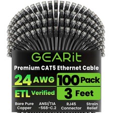 GearIT 100-Pack, Cat5e Ethernet Patch Cable 3 Feet - Snagless 3 Feet, Black picture