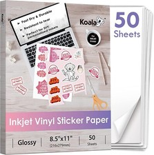 Koala Printable Vinyl Sticker Paper for Inkjet Printer - 50 Sheets White Glossy picture